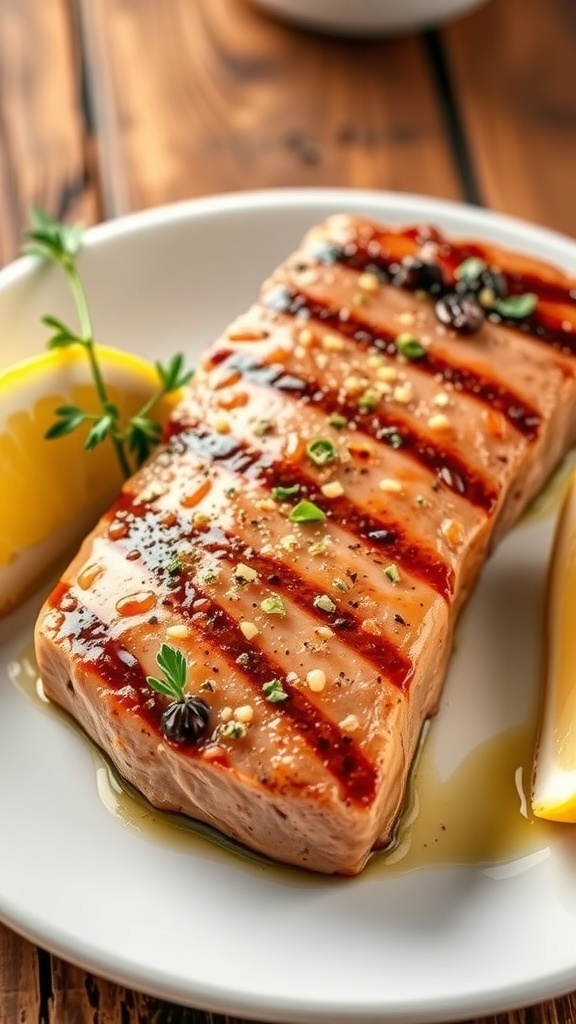 Perfectly Seasoned Tuna Steaks Recipe Seared tuna steak seasoned with spices, garnished with herbs and lemon, on a rustic wooden table.
